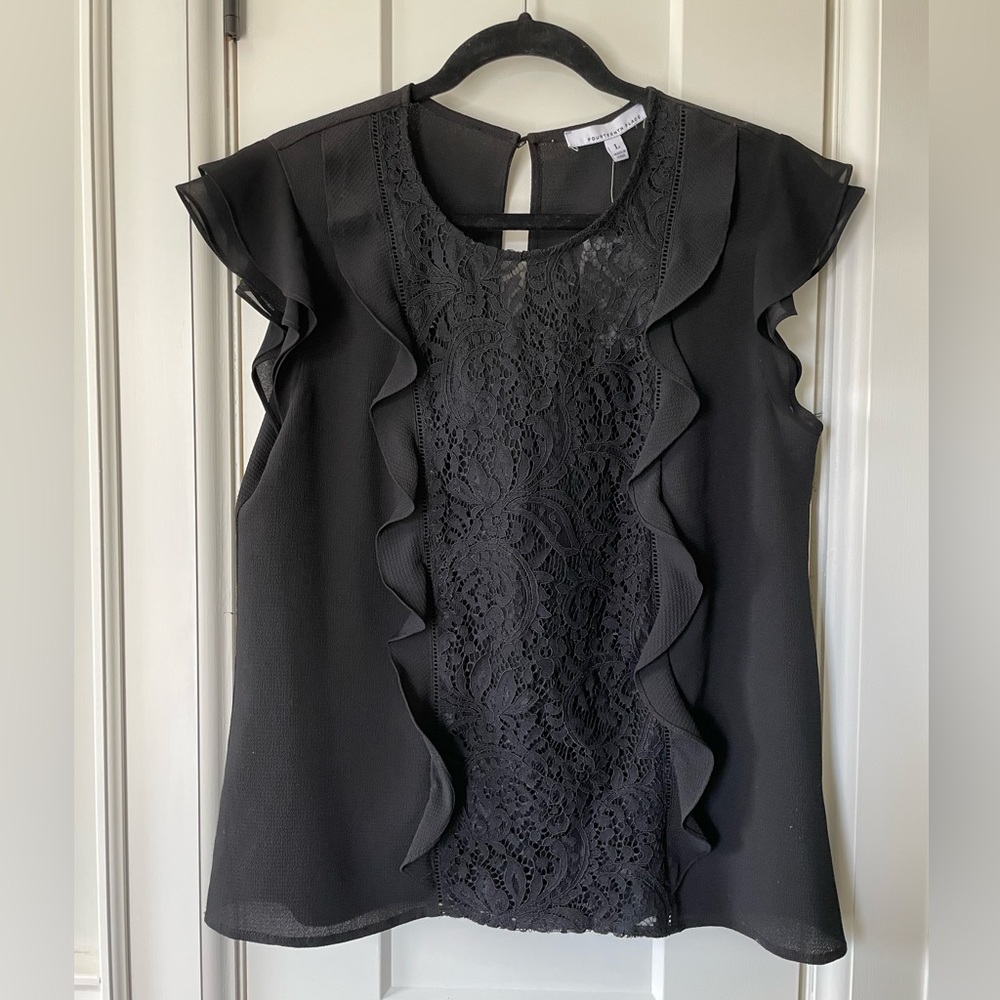 Black Lace Ruffle Sleeveless Blouse - Unknown Brand